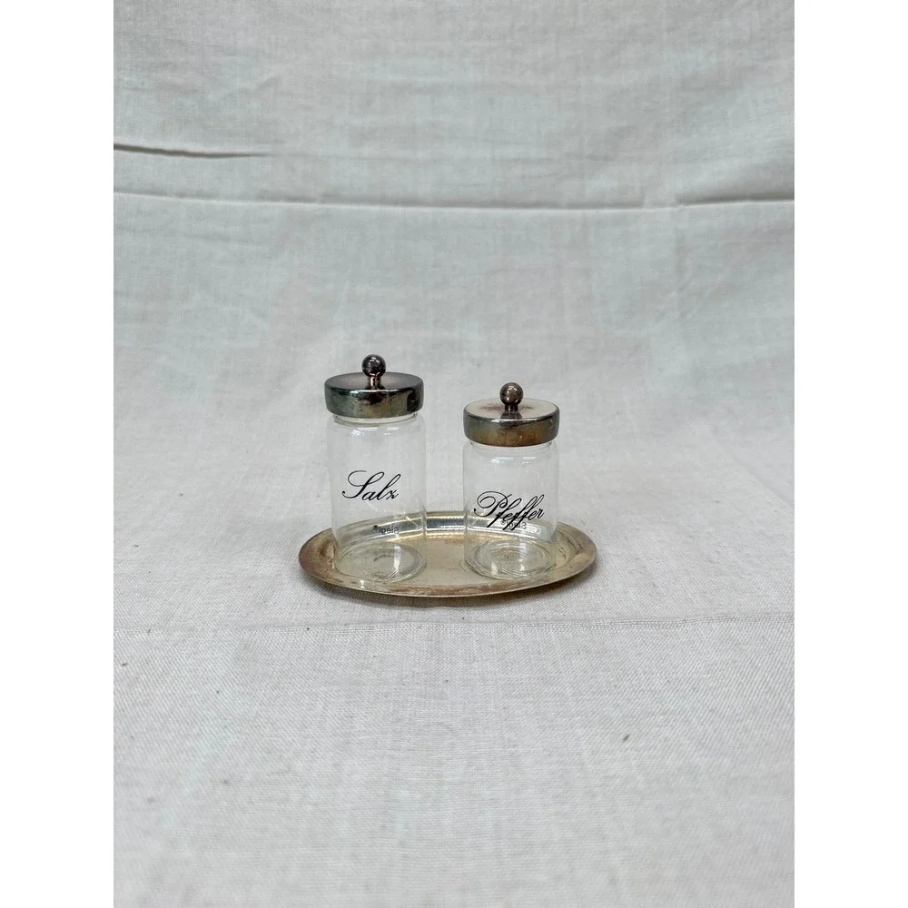 Vintage German Salz Pfeffer Salt Pepper Set Silver Plate Tray Cottage Kitchen